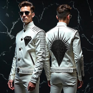 Handmade genuine white Leather Studded Men’s Jacket with Spiked Black Flame Back Art – Luxury Punk Biker Coat -Custom Goth Streetwear