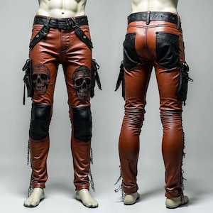 Puede incluir: Pantalones de cuero marrón con detalles negros, con diseños de calaveras en la parte delantera. Los pantalones tienen parches en las rodillas, bolsillos y detalles de cadena. Un cinturón negro con hebilla completa el look. Exhibidos en un maniquí.