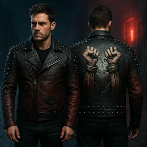 May include: Black and burgundy leather motorcycle jacket with silver studs. The jacket features a classic asymmetrical zipper design and a detailed graphic on the back depicting chained fists. The model is wearing black jeans.