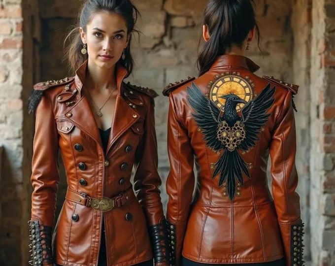 Handmade Steampunk Leather Jacket: Raven Print Gothic Military inspired Coat
