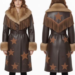 Handmade Women’s Brown Leather Coat with Faux Fur Collar|Custom star patches and fringes