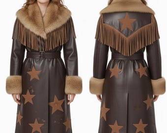 Handmade Women’s Brown Leather Coat with Faux Fur Collar|Custom star patches and fringes