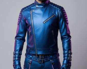 Handgefertigte Blaue Leder Bikerjacke: Cyberpunk Moto Jacke mit Schnalle