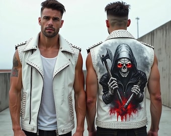 Handmade White Leather Biker Vest: Skull & Axe Back Print, Silver Studs