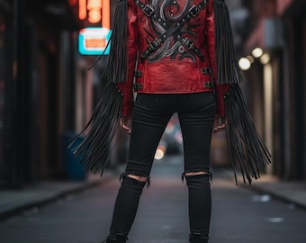 Handmade Womens Red Leather Jacket with Fringes , print art Biker Style Coat,Gift forHer