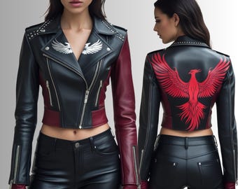 Handmade Printed Leather Varsity Biker Jacket: Red Eagle Print, Cropped Moto Style