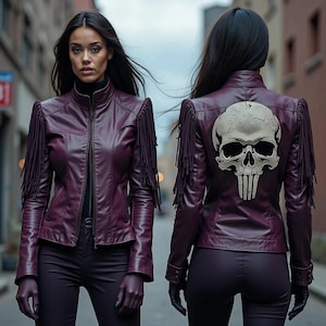 Puede incluir: Chaqueta de cuero color ciruela con flecos en los hombros y un diseño de calavera en la espalda. La chaqueta tiene cierre de cremallera y se combina con guantes y pantalones a juego. El escenario es urbano.