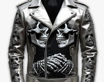 May include: Silver motorcycle jacket with skull and skeleton hand designs. The jacket features a black center panel with a zipper closure, and skull accents on the sleeves. The jacket has a classic biker style with a notched collar and silver hardware.