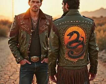 Jaqueta de couro estilo western com franjas feita à mão: arte nas costas com estampa de cobra e pôr do sol