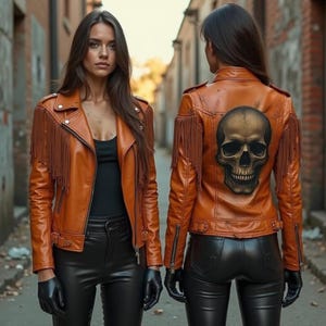 Chaqueta de motociclista de cuero desgastado hecha a mano: estampado de calavera naranja y flecos