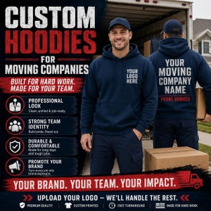 May include: A navy blue hooded sweatshirt featuring a front kangaroo pocket and a drawstring hood. The front chest displays the text YOUR LOGO HERE, while the back features the text YOUR MOVING COMPANY NAME and PHONE NUMBER in white.