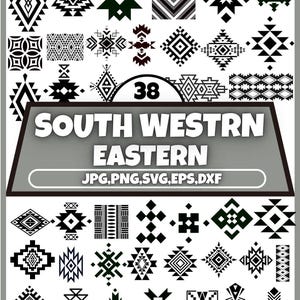 May include: A collection of 38 Southwestern and Eastern-inspired geometric designs in black and white, and dark green. The designs include diamond, star, and zigzag patterns. The text "SOUTH WESTERN EASTERN" is displayed in large white letters.