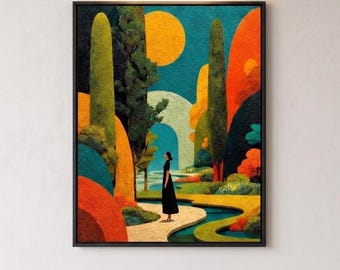 Abstract Woman Garden Art, Mid Century Surrealist Poster, Colorful Nature (PDF Download)