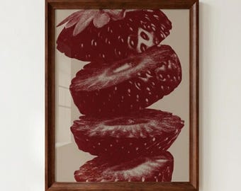 Modern Strawberry Print, Minimalist Red Fruit Kitchen Art (Digital Download)