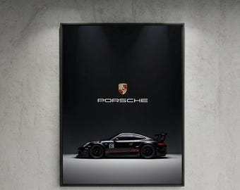 Black Porsche GT3 RS Wall Art, Minimalist Supercar Digital Print, Dark Automotive Poster, Sports Car Garage Decor, Instant Download PDF