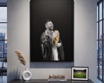 Lionel Messi Black White Poster, World Cup Trophy Gold Accent, Minimalist Bisht Print Download