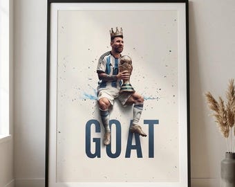 Lionel Messi GOAT Poster, King Messi Crown Wall Art,Argentina World Cup Champion Print, Sports Room Canvas Decor, High Quality Printable PDF