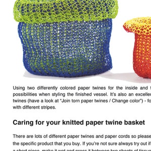 May include: Two knitted paper twine baskets, one green and blue, the other red and yellow. The text "Caring for your knitted paper twine basket" is below the image.