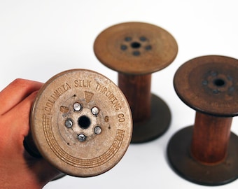 3 Vintage Bobbins - "Columbia Silk Throwing" - Spools - Ribbon Storage - Photoshoot Prop - Weaving Collectible