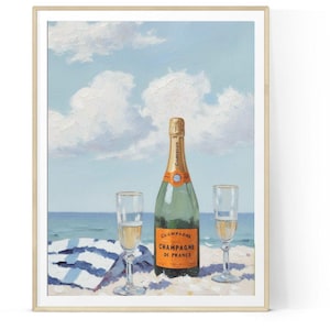 Art mural côtier de champagne, style impressionniste de peinture à l'huile d'affiche de cocktail, impression numérique d'art de pique-nique de plage, art de recette de cocktail de cheers