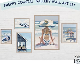 Coastal Gallery Wall Art Set, Preppy Pastel Beach House Prints (Digital Download)