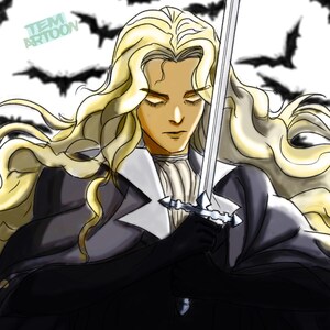 May include: Digital illustration of a character with long, flowing blonde hair, wearing a dark coat and holding a silver sword. The background features silhouettes of bats and the text "TEM ARTOON". The character has closed eyes and a serious expression.