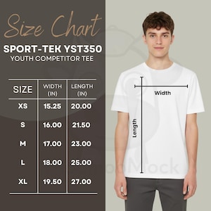 May include: A white Sport-Tek YST350 Youth Competitor Tee is shown on a person. The image includes a size chart with measurements in inches for sizes XS to XL. The chart shows the width and length of the shirt.