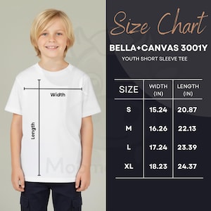 May include: A young person wearing a white youth short sleeve tee, with a size chart on the right. The chart shows measurements in inches for sizes S, M, L, and XL. The shirt is BELLA+CANVAS 3001Y.