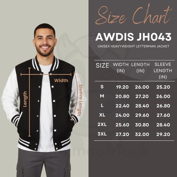 AWDIS JH043 Size Chart PNG – Unisex Letterman Jacket Size Guide