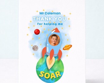 Personalized Teacher Thank You Card, Photo Rocket Design (Canva Template)