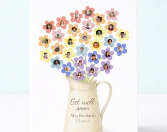 Tarjeta de pronta recuperación para el profesor/a - Regalo personalizado para toda la clase con fotos de los niños - Impresión "Te echamos de menos, profesor/a" - Plantilla editable de Canva