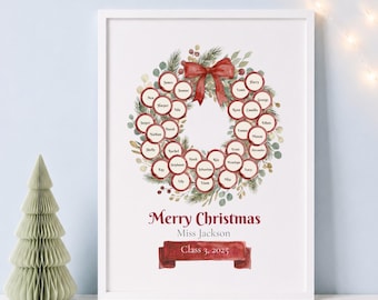 Personalized Christmas Wreath Teacher Gift with Student Names, End of Year Holiday Appreciation Print (Canva Template)