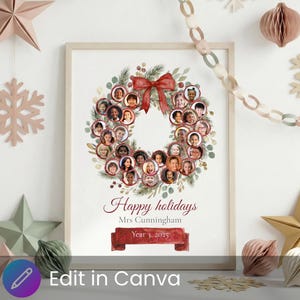 Frohe Feiertage bearbeitbares Weihnachtsfotogeschenk für Lehrer, personalisierter Collagendruck von ganzer Klasse (Canva-Vorlage)