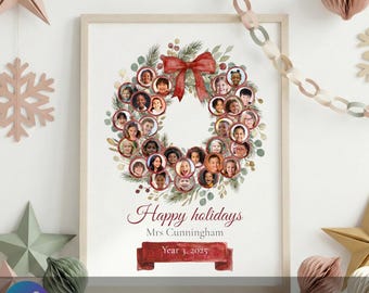 Regalo navideño editable con foto "Felices Fiestas" para el profesor, impresión de collage personalizada para toda la clase (plantilla de Canva)