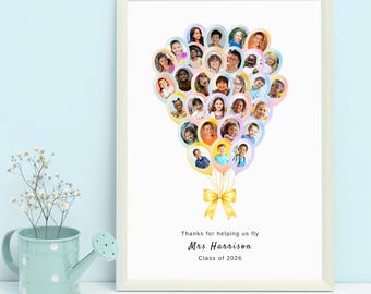 Regalo fotográfico editable para el profesor de toda la clase, impresión o tarjeta de agradecimiento de fin de curso (tamaño A4 o A5) con fotos de los alumnos (plantilla de globo de Canva)