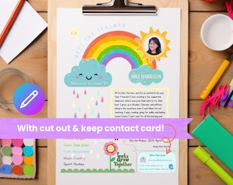 Plantilla editable para conocer al profesor: Diseño de arcoíris pastel (descarga digital)