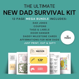Afdrukbare cadeaubundel nieuwe vader – grappig overlevingspakket van 12 pagina’s met waardebonnen, grappen, cadeaukaartjes en labels – babyshower of eerste Vaderdagcadeau