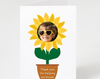 Tarjeta de agradecimiento personalizada con diseño de girasol para profesor: Plantilla con foto (A5, descarga digital imprimible)