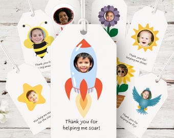 Etiquetas de regalo personalizadas para profesores: plantilla editable de Canva, 8 diseños con fotos para subir. Regalo de fin de curso o agradecimiento. Descarga instantánea.