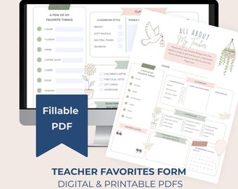Digital Teacher Favorites Questionnaire, Teacher Gift Finder, Fillable PDF & Printable, All About My Teacher Form