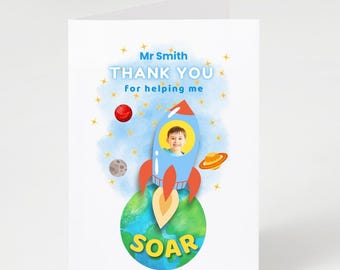 Tarjeta de agradecimiento personalizada para profesores, diseño de cohete fotográfico (plantilla de Canva)