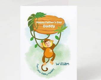 Tarjeta con foto para el Día del Padre de un niño: Diseño de mono travieso (plantilla imprimible de Canva)