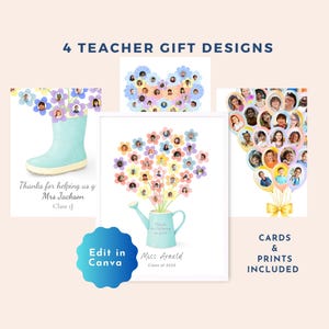 May include: Four teacher gift designs are shown, including a light blue rain boot with flower portraits, a flower arrangement, and a bouquet of balloons. The text includes "Thanks for helping us" and "Edit in Canva". Cards and prints are included.