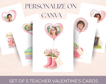 Juego de 5 tarjetas de San Valentín personalizadas para profesores, plantillas fotográficas de Canva (descarga digital)