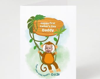 Tarjeta personalizada para el primer Día del Padre: Foto de un mono bebé (plantilla imprimible de Canva)
