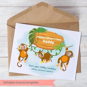 Tarjeta editable para el Día del Padre de 3 niños: Diseño de mono travieso (plantilla imprimible de Canva)