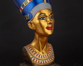 Statue en buste de la reine Néfertiti, décor bleu doré peint à la main, réplique de pharaon d'Egypte
