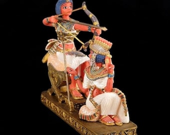 King Tutankhamun Hunting Statue with Ankhesenamun, Polystone Replica Made in Egypt