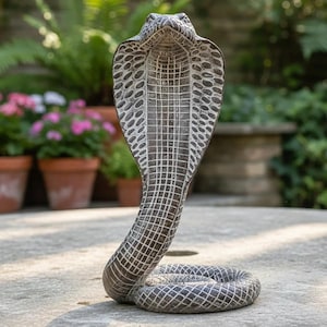 May include: A detailed bronze cobra statue with an upright hood and coiled body. The snake's scales are intricately carved, and the statue is set on a concrete surface with a blurred garden background.