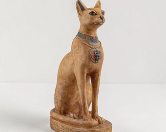 Egyptian Bastet Cat Statue, Heavy Stone Sculpture with Scarab, Hieroglyphic Inscriptions
